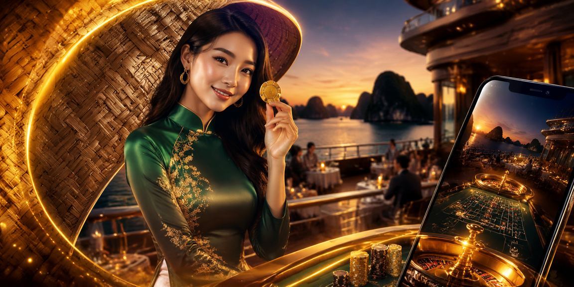 Khung cảnh vịnh Hạ Long với người dùng truy cập ứng dụng thể thao di động trên điện thoại